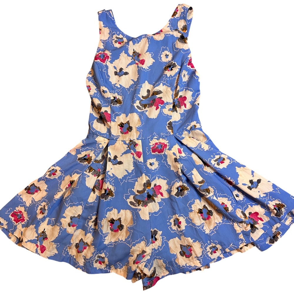 ASTR Sleeveless Floral Romper Back Zipper and Tie Blue Polyester Womens Medium